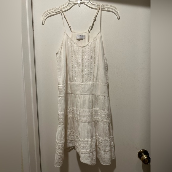 Frame White Mini Dress Sleeveless V Neck w Embroidery & Tiered Layers Size Small - Picture 1 of 5